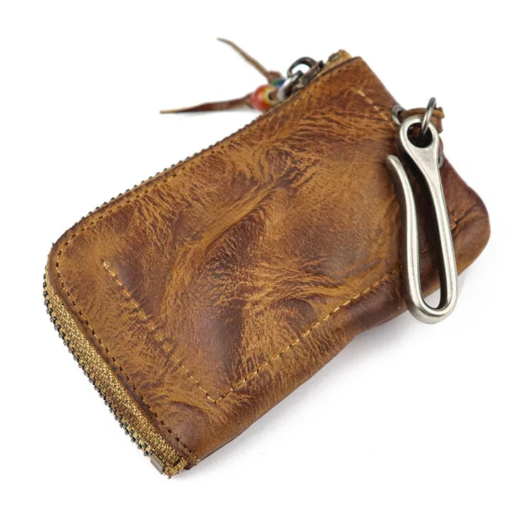 Natural Leather Key Wallet for Men Short Zipper Car Key Holder Real Leather Coin Purse Card Case Bag Keys Organizer Housekeeper