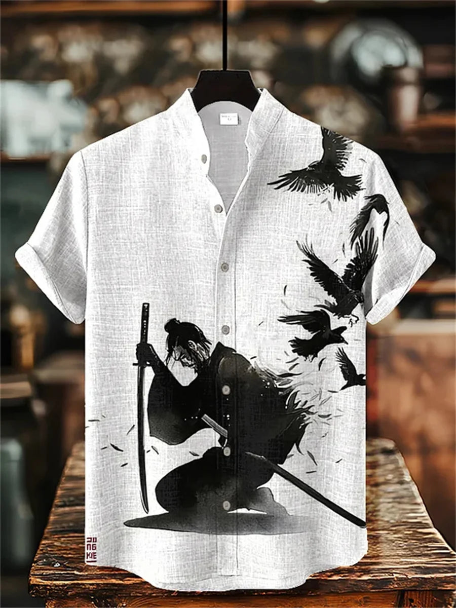 Men's short-sleeved shirt with samurai print and stylish ink painting design, summer casual men's top, trendy retro streetwear.