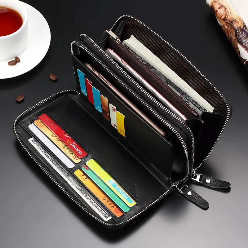 Men's Leather Long Wallet Double Zipper Clutch Purse with Wrist Strap Geometric Pattern Card Holder Organizer for Business