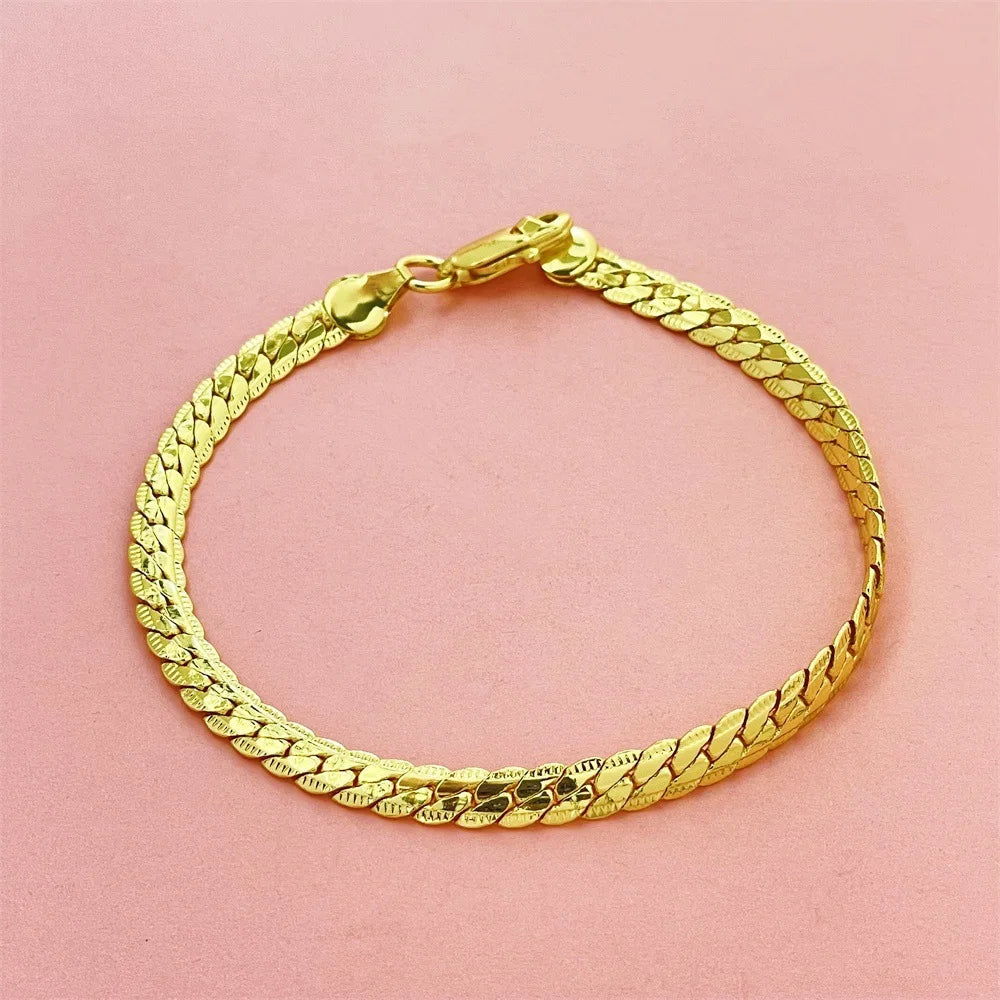 18K Gold 925 Sterling Silver Bracelets For Men Women Simple 5mm 20cm Flat Side Chain Bracelet Unisex Charm Jewelry Gifts