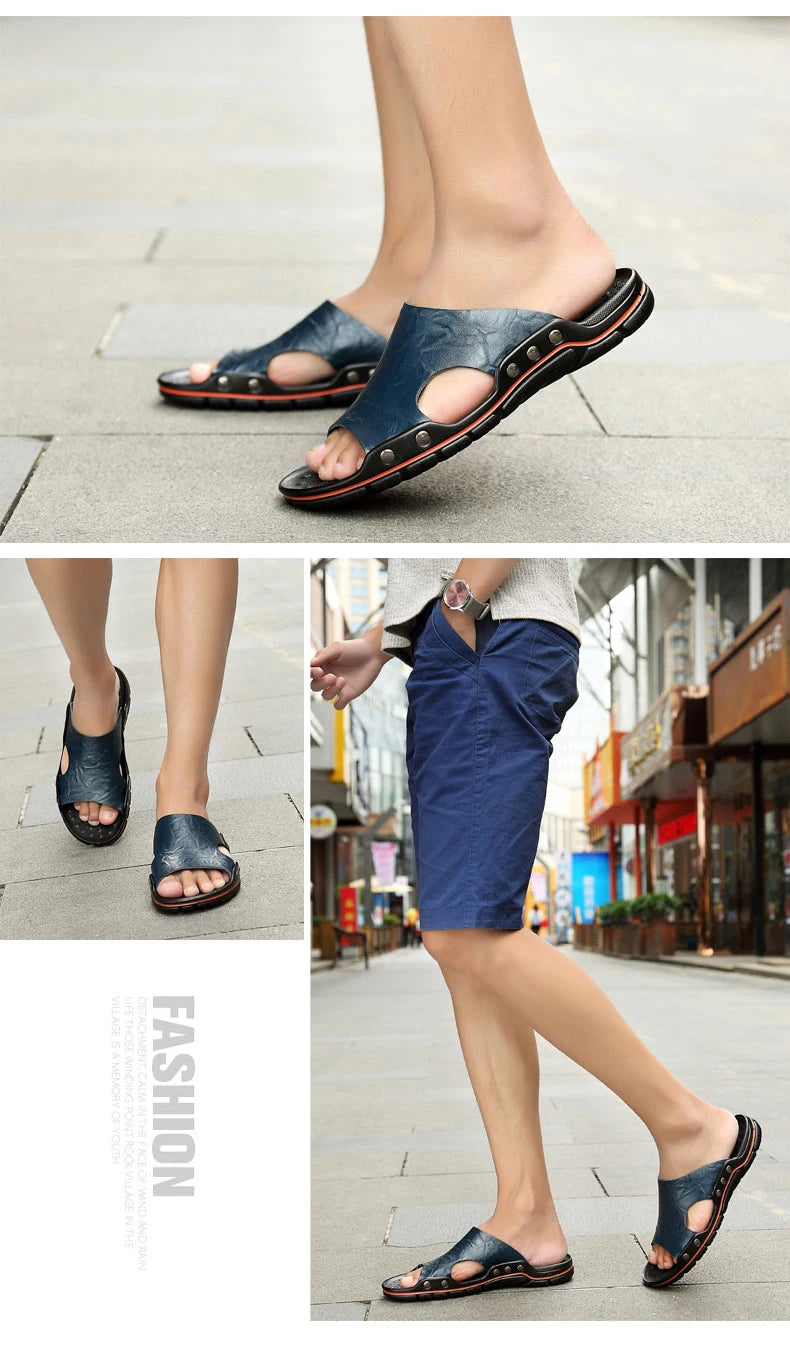 Summer Slippers New Men Sandals Soft Outdoor Slides High Quality Genuine Leather Comfortable Beach Sandals Outdoor Men Shoes