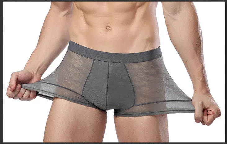 Men Boxer Underwear Sexy Ultra Thin Strectch See Through Panties Ice Silk Breathable Mid Waist Solid Underpants Male Briefs