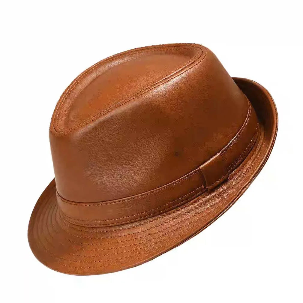 Genuine Leather Cowhide Formal Hat Gentleman Cowhide Short Brim Black/Brown Top Hat Male Shows Gentleman Air Vent Fedora