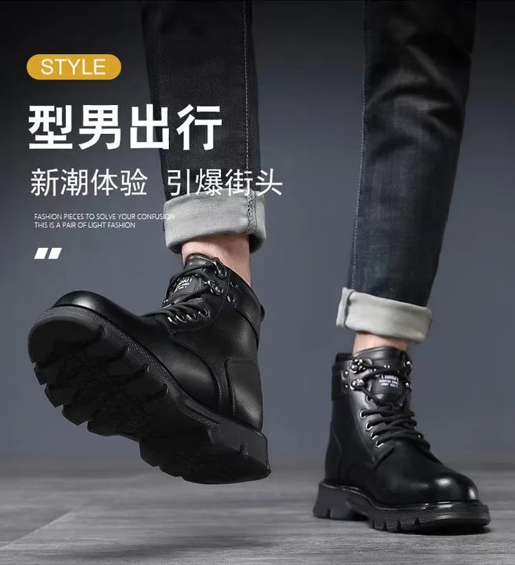 Winter Men's High Top Boots Trendy Black Motorcycle Boots Outdoor Warm Platform Boots Men Lace-up Leather Boots Bota Masculina