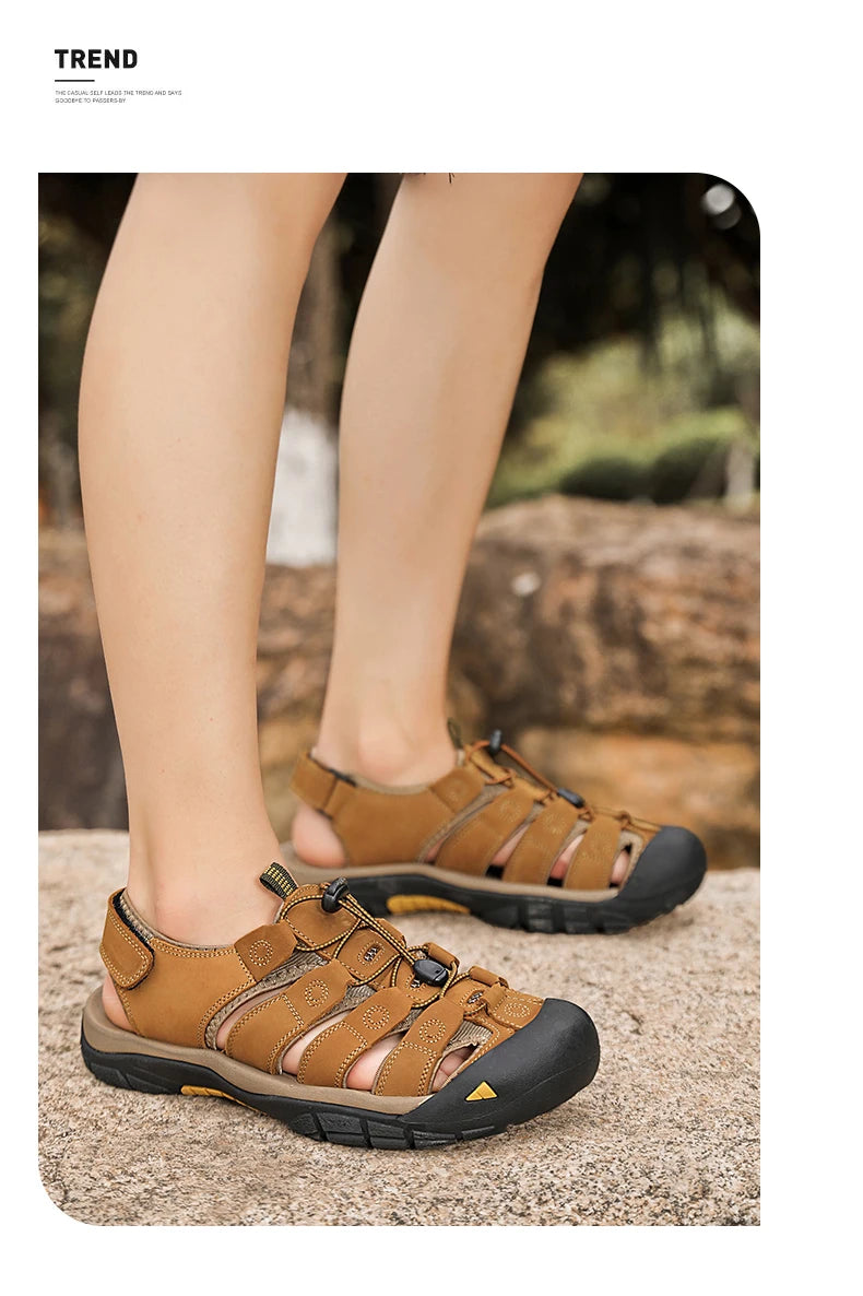 Men's Sport Sandals Outdoor Hiking Sandals Closed Toe Leather Fashion All-match Light Trail Walking Casual Sandals Water Shoes