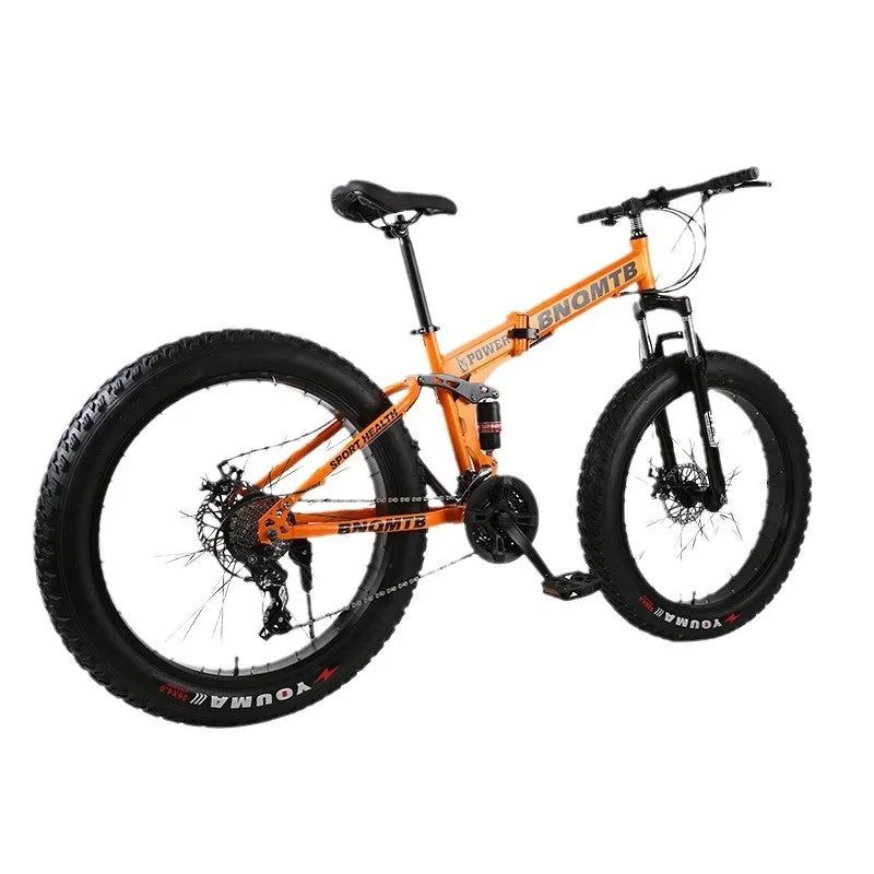 Folding Snow Mountain Bike High Carbon Steel Frame Dual Disc Brakes Soft Tail Design 4.0 Tire Width Wheels 7-Speed