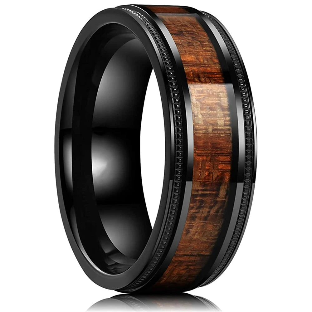 Fashion Deer Family Black Hunting Stainless Steel Rings for Men Women KOA Wood Inlay Beveled Polished Edge Wedding Bands Jewelry
