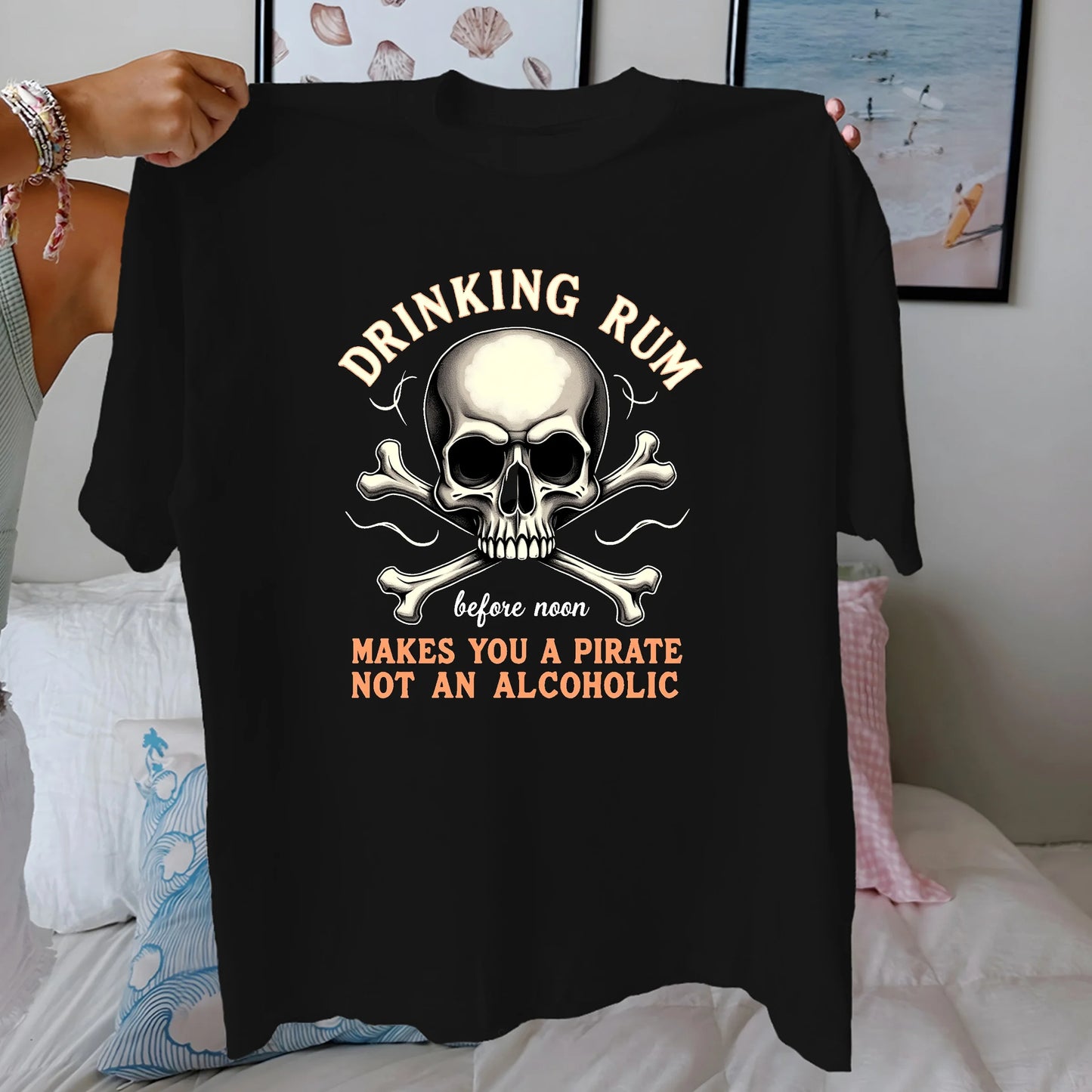 Skull DRINKING RUM pirate theme  pure cotton women's Tshirt comfort fit