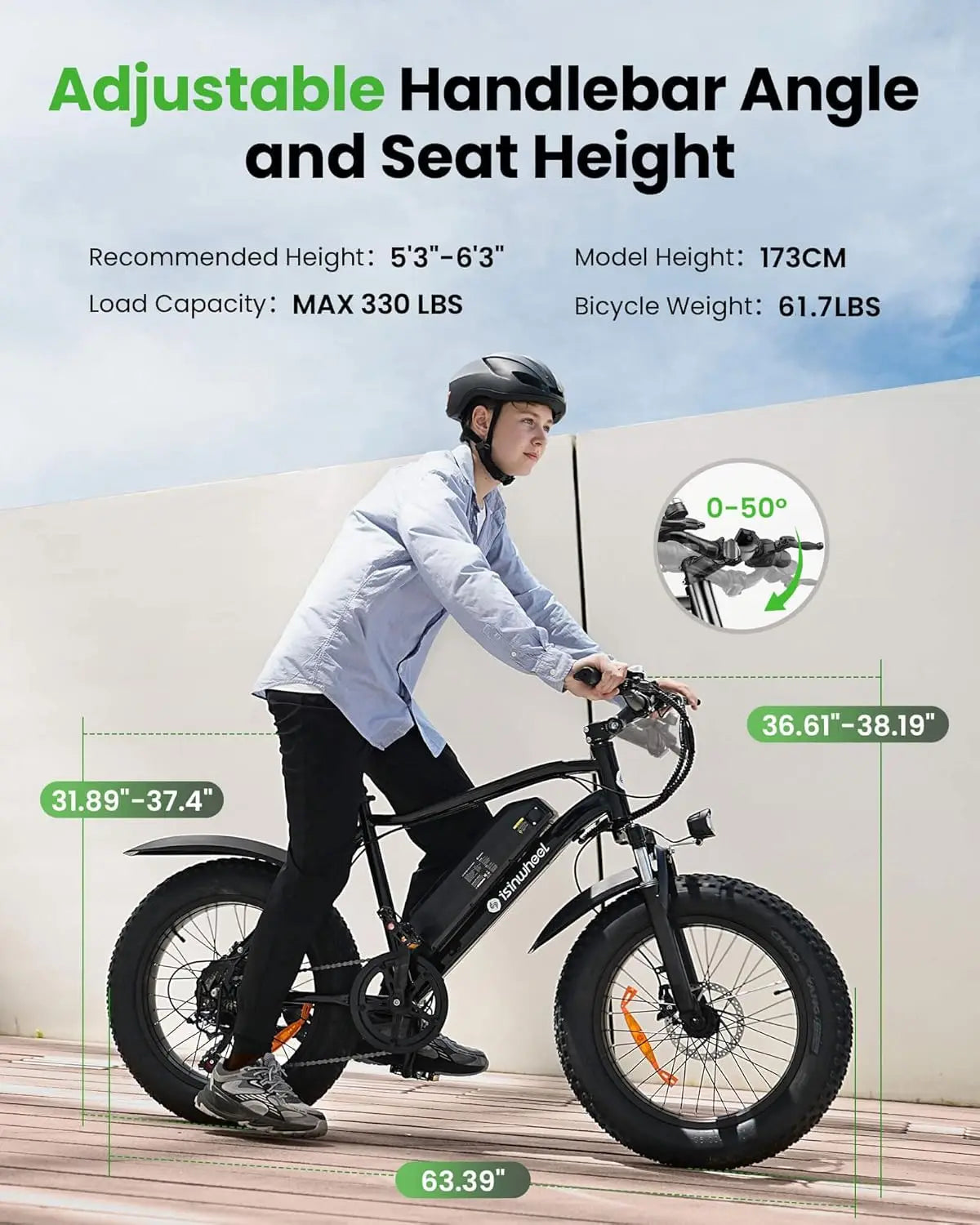 M10 Pro Electric Bike, 1000W Peak Motor, 22 MPH 20"x4" Fat Tire Ebike, USB Phone Charging Port, 10.4Ah Removable, Customized