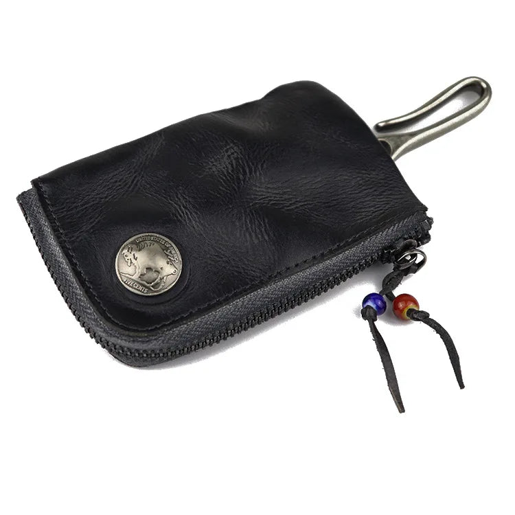 Natural Leather Key Wallet for Men Short Zipper Car Key Holder Real Leather Coin Purse Card Case Bag Keys Organizer Housekeeper
