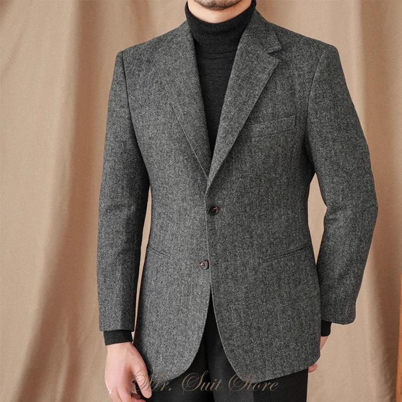 Classic Italian Men's Suit Jacket, Single Breasted, Autumn Winter Retro Warm Suit Men Herringbone Business Casual Men's Clothing