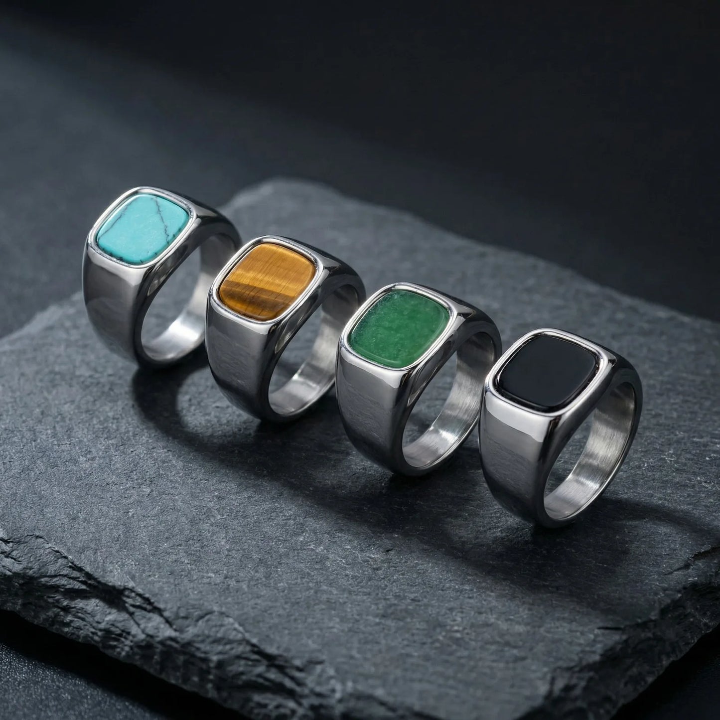 Stylish Square Natural Stone Ring for Men,Waterproof Stainless Steel Signet Ring,Birthday Party Gift for Him Dad