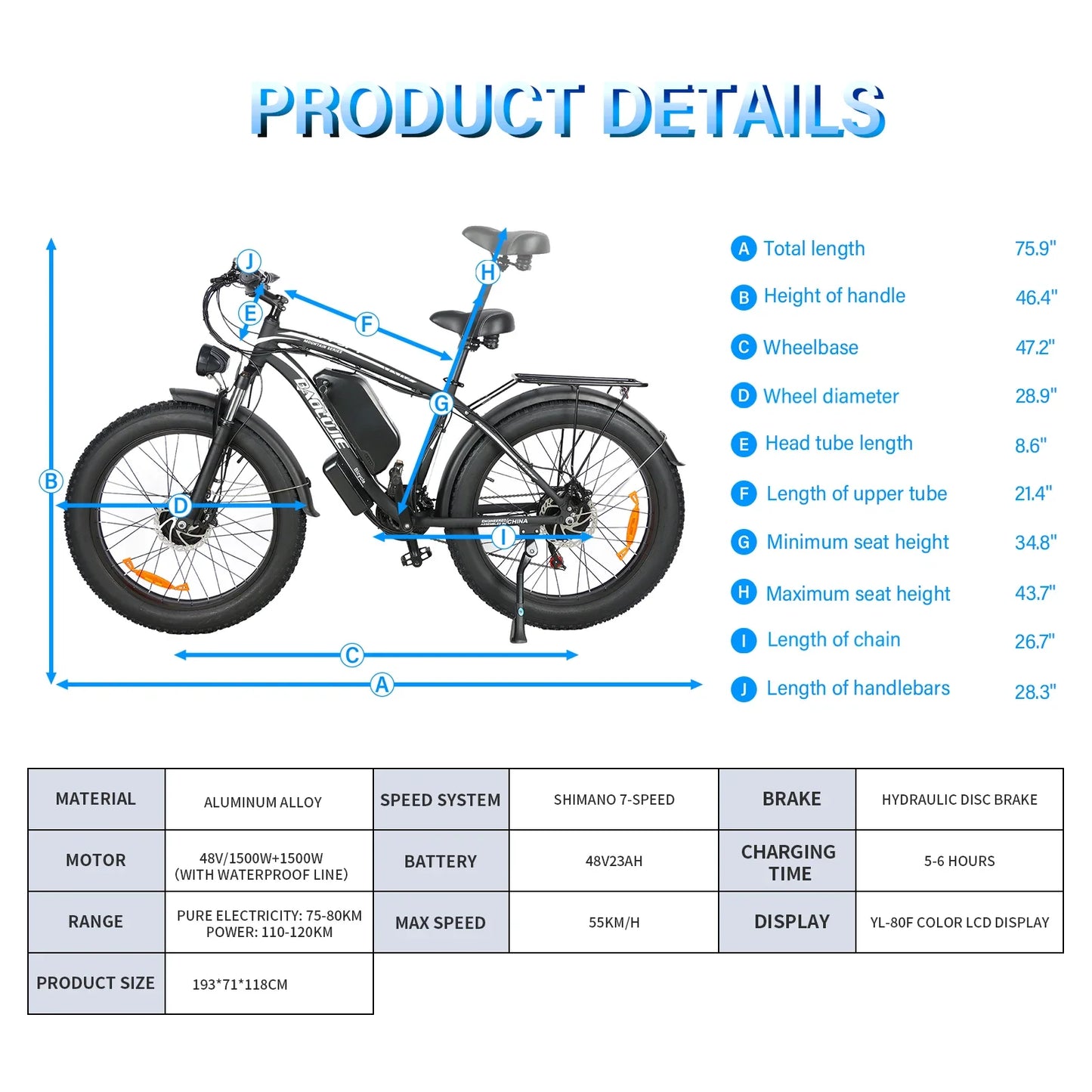 BAOLUJIE DP-2602 Electric Bicycle 3000W Motor 48V23Ah Battery City Commuter Electric Bike 26 inch tire all terrain E-bike