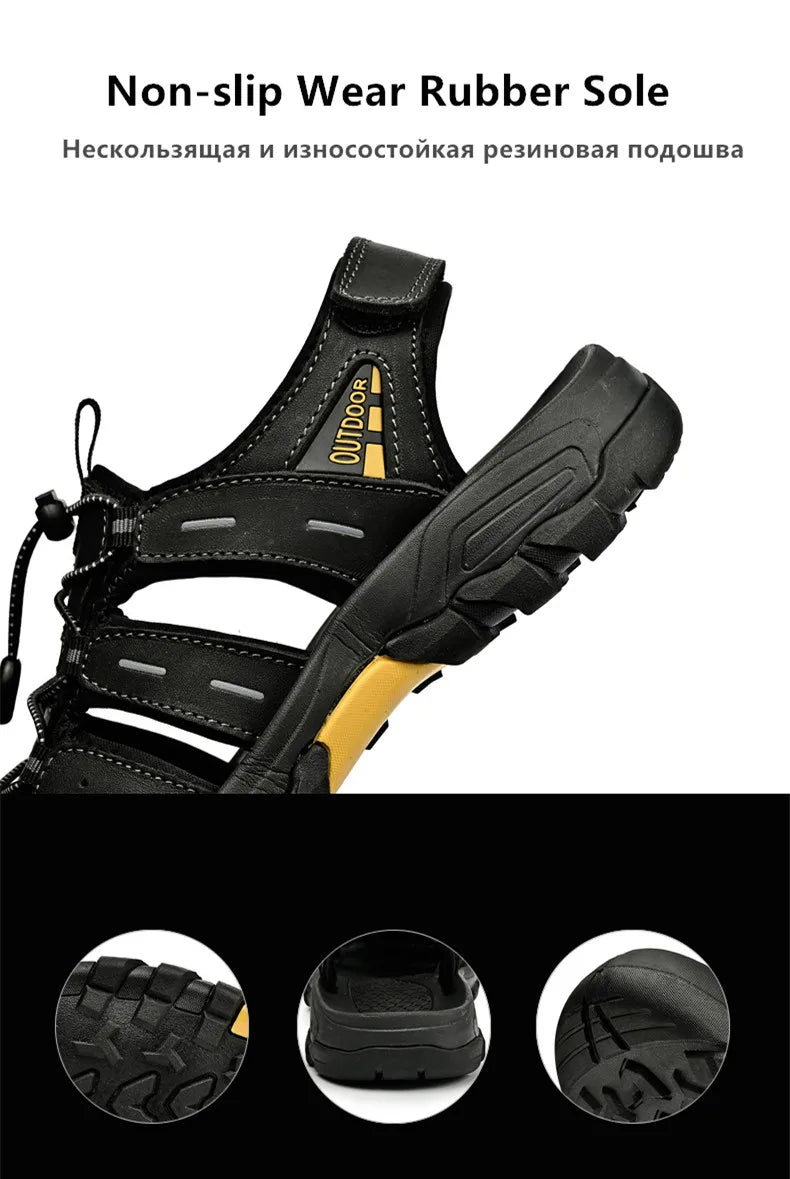 Summer Genuine Leather Men's Sandals Classic Breathable Slip-On Sandals Men Outdoor Casual Beach Sandals Sneakers Plus Size 46