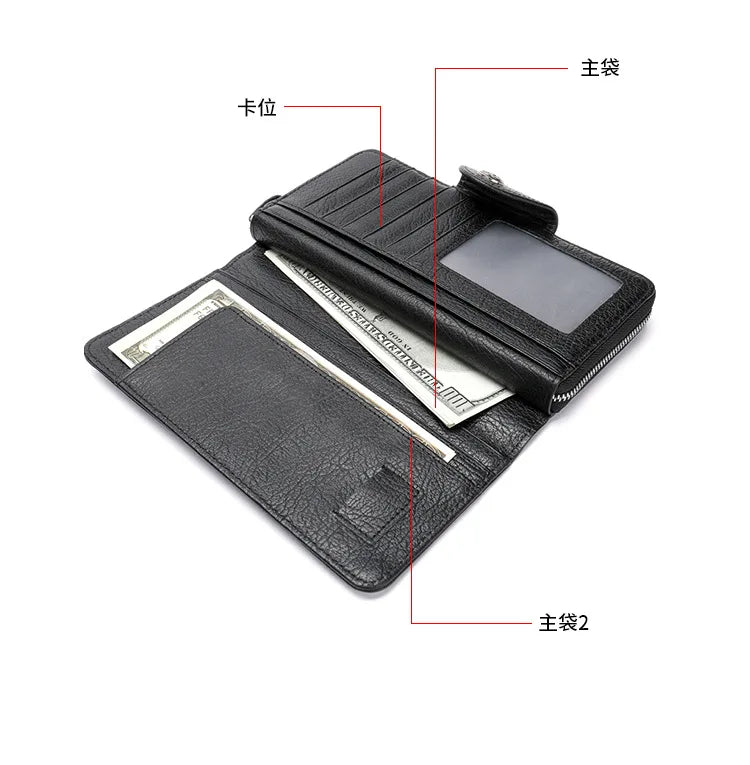 Leather long wallet men's top layer cowhide black business wallet horizontal square hand-held bag