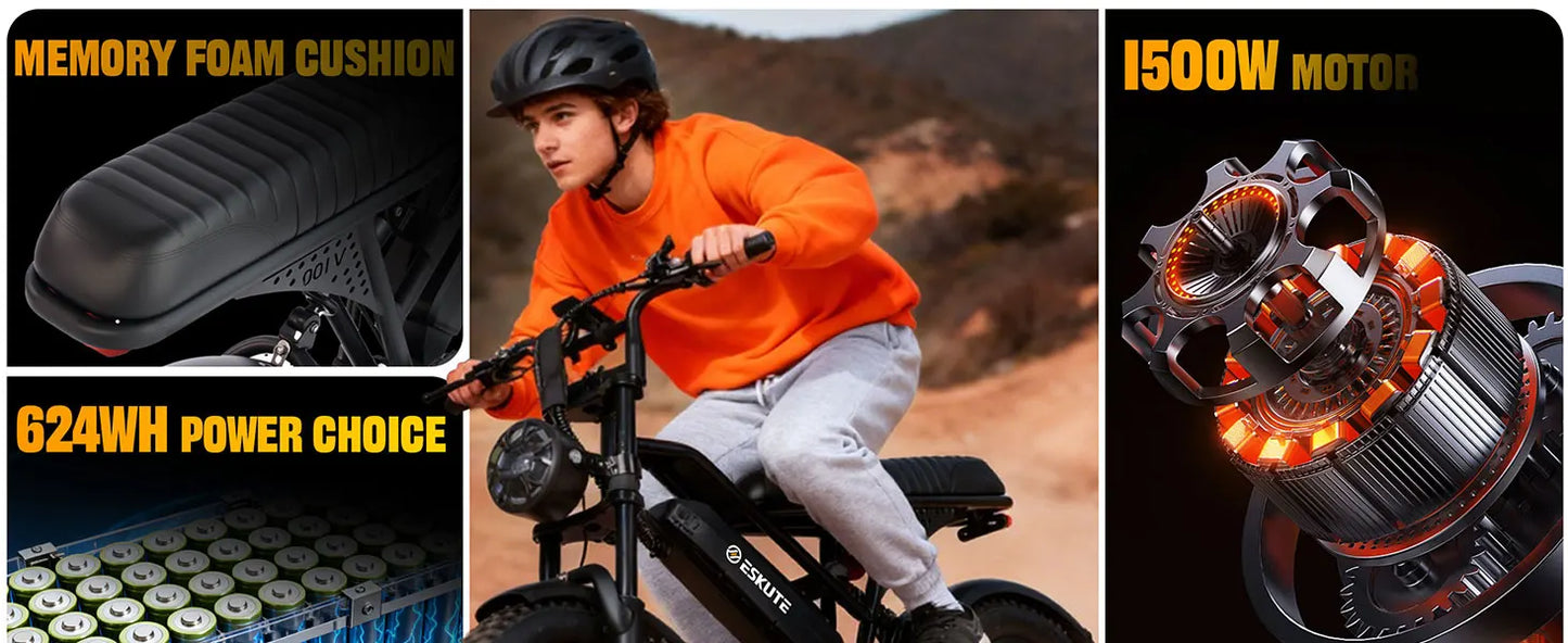 Eskute V100 Electric Bike, 1500W Peak 28MPH 48V13Ah Motorcycle, 16"x4" Fat Tire 7-Speed Dual Suspension E-Bike, 1 Year Warranty