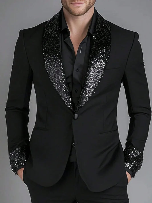 Classic Black Men Suits Shawl Lapel Sequin Patchwork Slim Fit Groom Party Suits Coat Fashion Wedding Male Blazers Costumes Homme