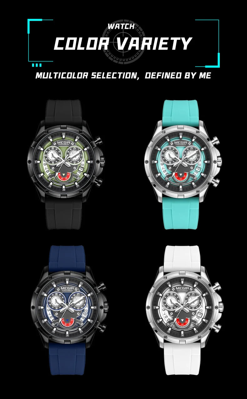 MEGIR New Sport Watches for Men Fashion Chronograph Quartz Wristwatch with Silicone Strap Luminous Hands Calendar Waterproof