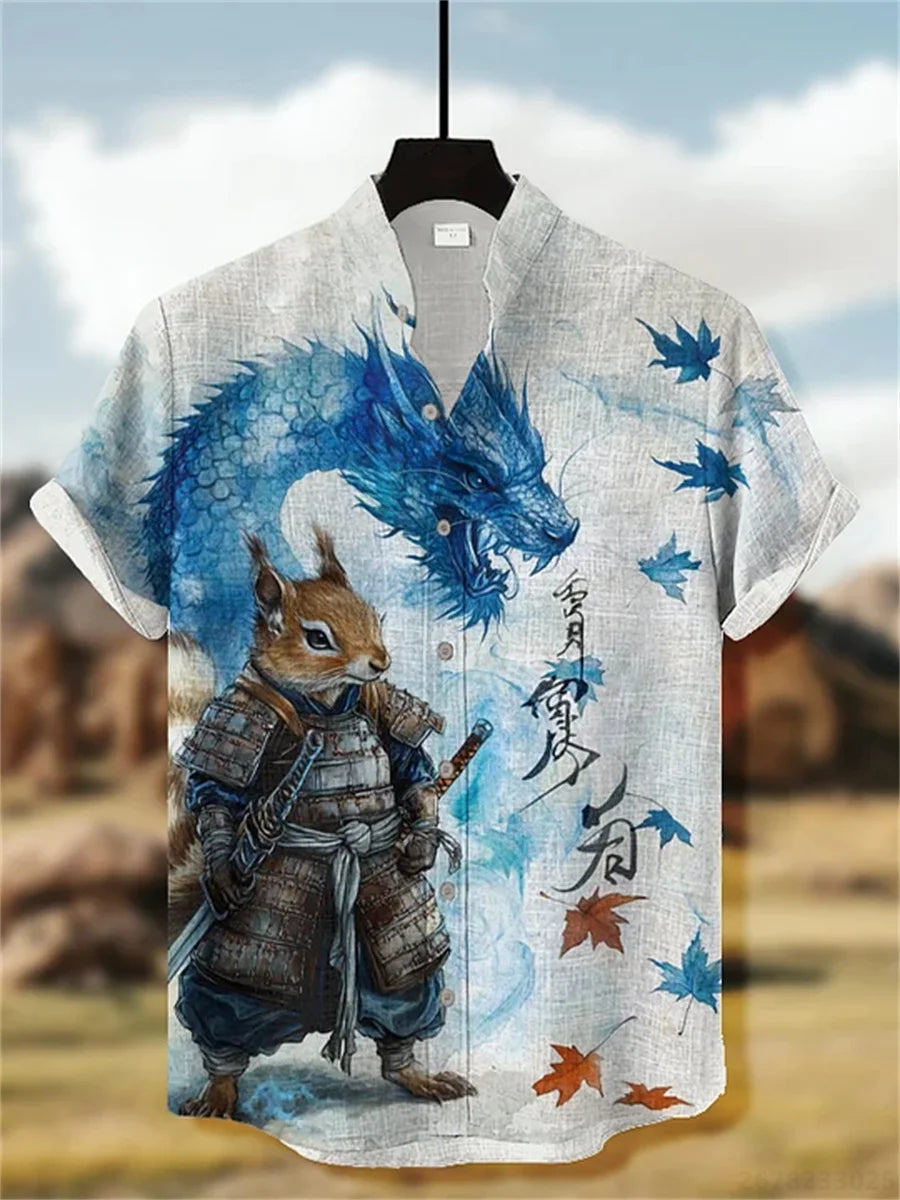Men's short-sleeved shirt with samurai print and stylish ink painting design, summer casual men's top, trendy retro streetwear.