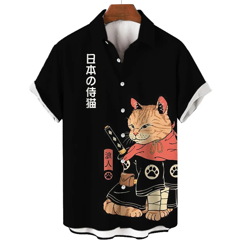 Fashion Cool Samurai Cat Graphic Shirt Japanese Style y2k Men's Streetwear Summer Casual Short Sleeve Buttons Hawaiian Shirts