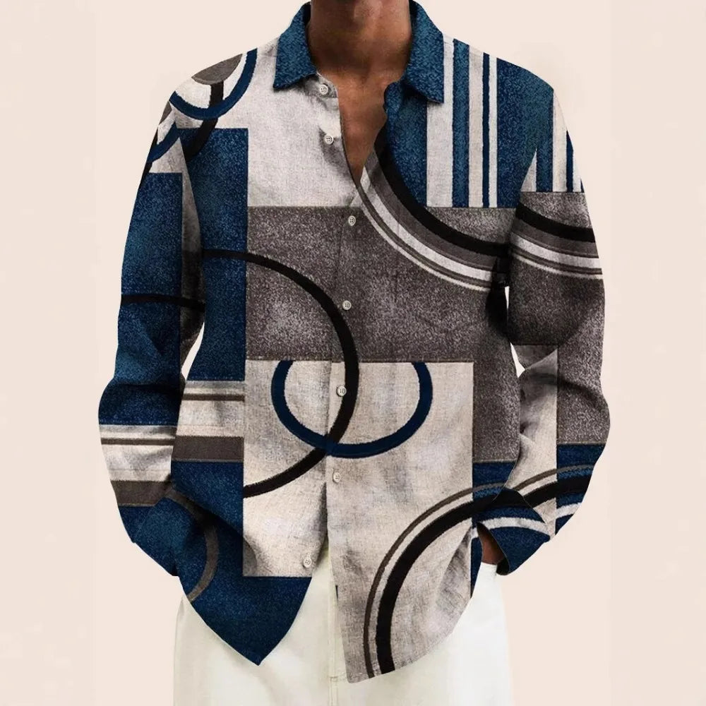 Hawaiian Button Up Shirts Geometric Art Graphics Color Printed Full Sleeve Streetwear Breathable Casual Men Dress Shirt Clothing