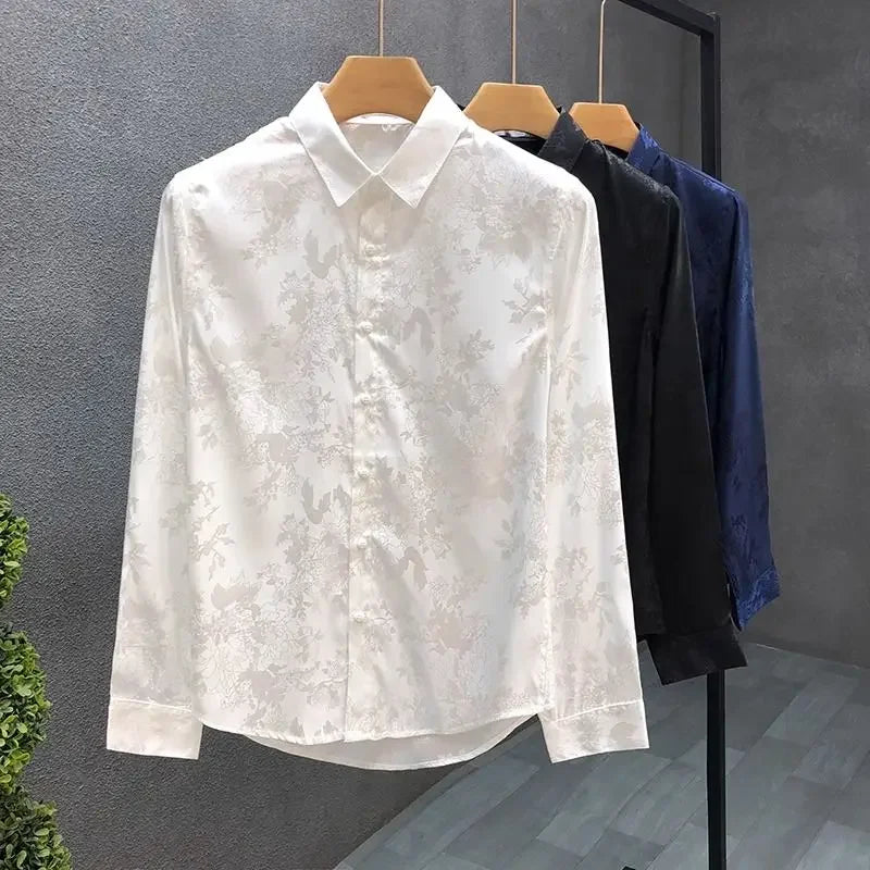 Men's High-end Shirt Spring and Autumn Summer Long-sleeved Handsome Dark Pattern Shirt Slim and Trendy Brand Versatile Top