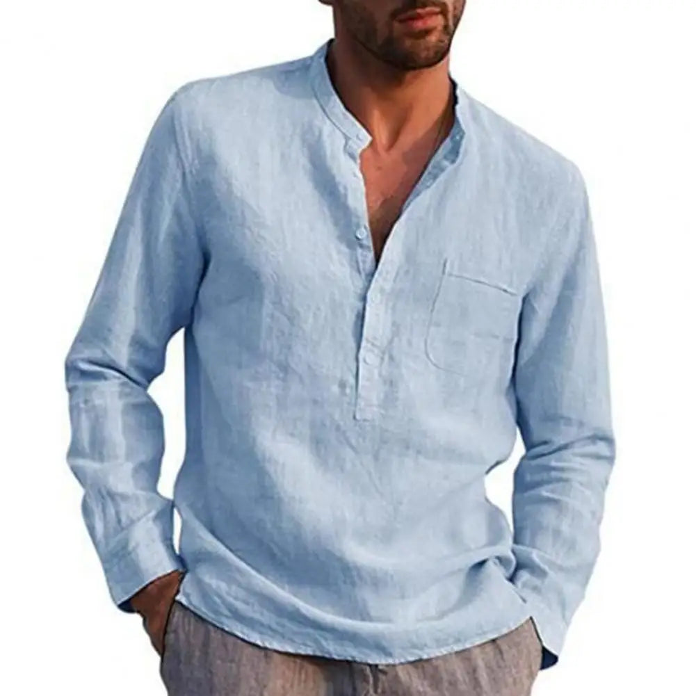 Cotton Linen Shirts for Men Long Sleeve Casual Shirts Solid Color Stand Collar Button Loose Men Shirt Beach Shirts
