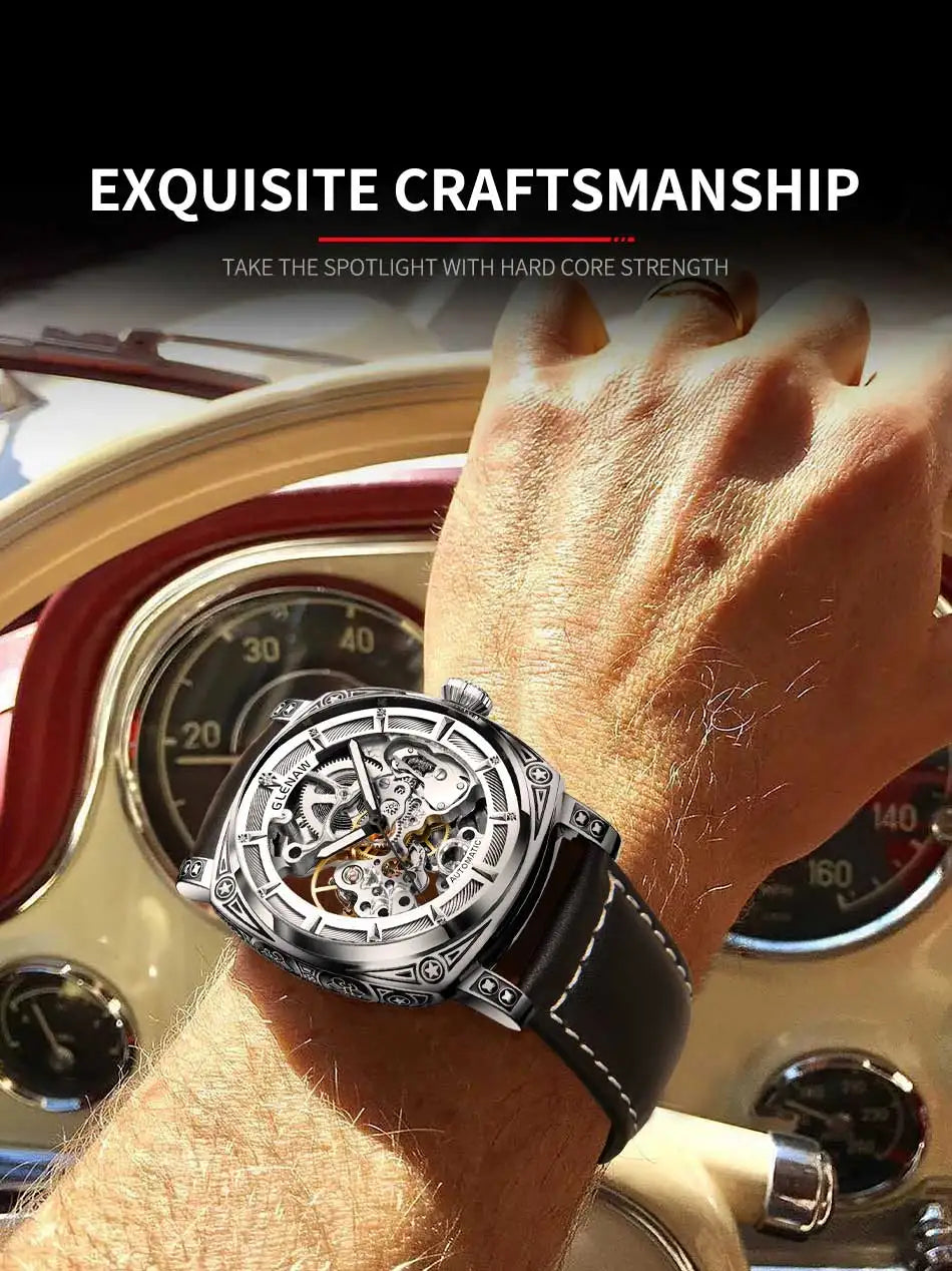 Relogios Masculino Glenaw Mens Watches Top Brand Luxury Personal Carving Watch Men's Stainless Steel Waterproof Watch Montre Hom