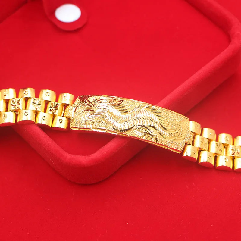 Real 18K Gold Color Dragon Flower Bracelet for Women Men Chain Pure Golden Plated Bracelet Bangle Fine Jewelry Gifts