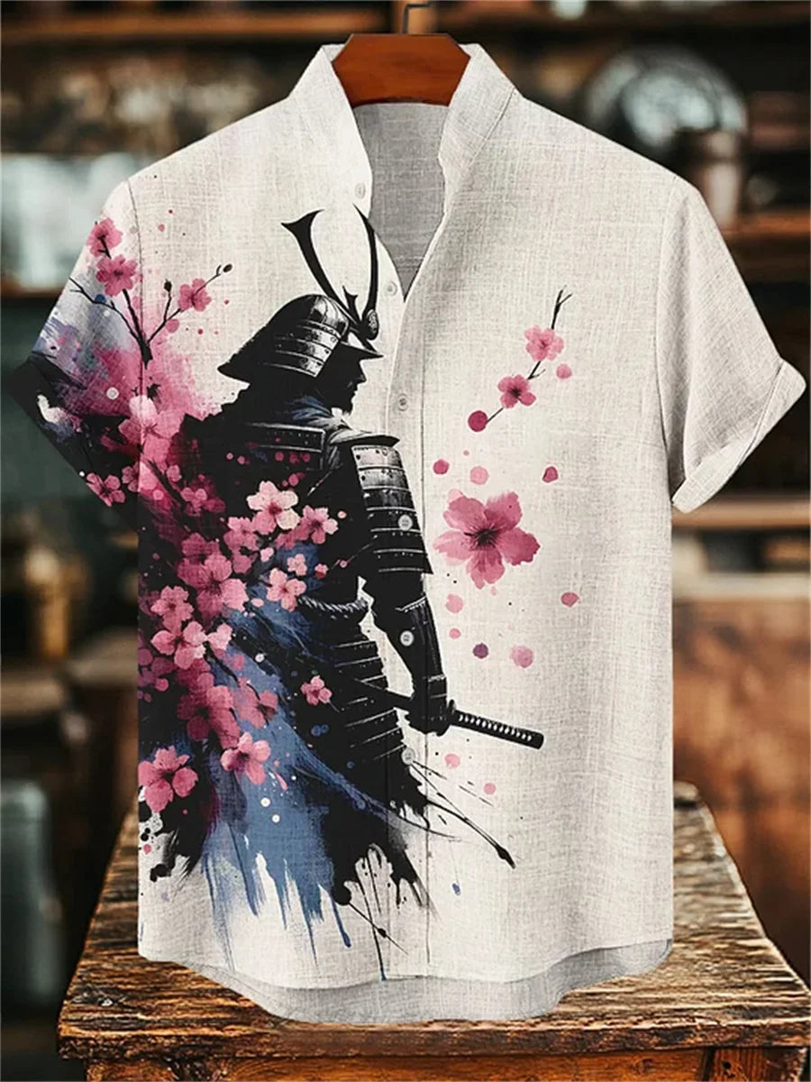 Men's short-sleeved shirt with samurai print and stylish ink painting design, summer casual men's top, trendy retro streetwear.