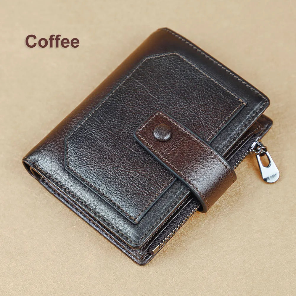 Vintage 100% Genuine Leather Men's Wallet RFID Blocking Trifold Short Multi Function Money Clip Large Capacity Zipper Coin Purse