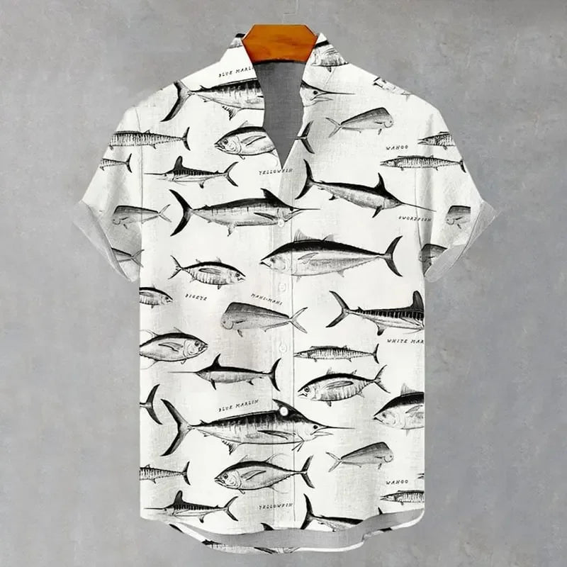 Men's new comfortable linen short sleeved shirt 3D jellyfish print maple leaf pattern button short sleeved top
