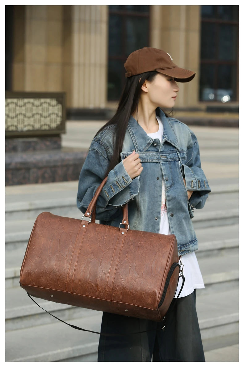 Soft Leather Travel Bag Large Capacity Fashion Weekend Bag Handle Bag Lightweight Sports Gym Bag With Separate Shoe Compartment