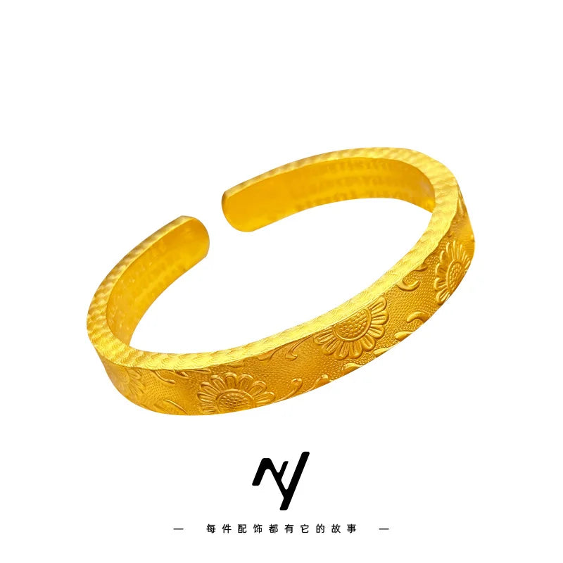 Real 9999 24k Gold Design Is Thickened and Wide, Facing the Sunflower and Engraved with the Heart Sutra, Open Bracelet Bracelet.