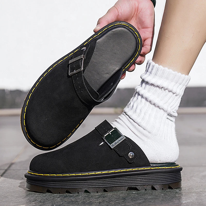 Men's Fashion Large Leather Casual Slippers Men's Four Seasons Half Slippers Non Slip Beach Shoes Classic Clogs Shoes