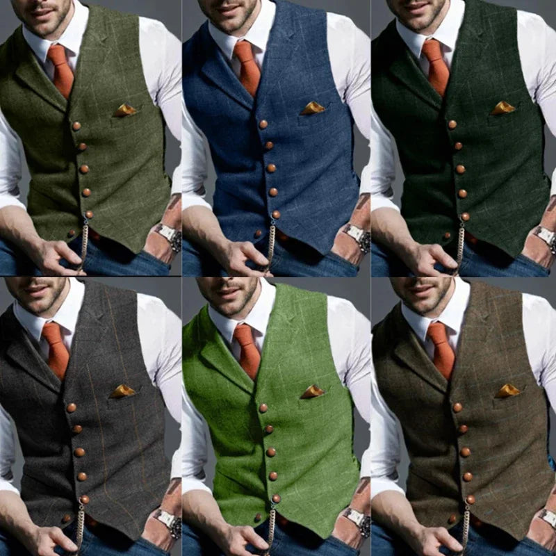 Men's Casual Classic Suit Vest Retro Herringbone Lapel Cotton Blended Tweed Slim Business Commuter Suit Lined Vest S-3XL