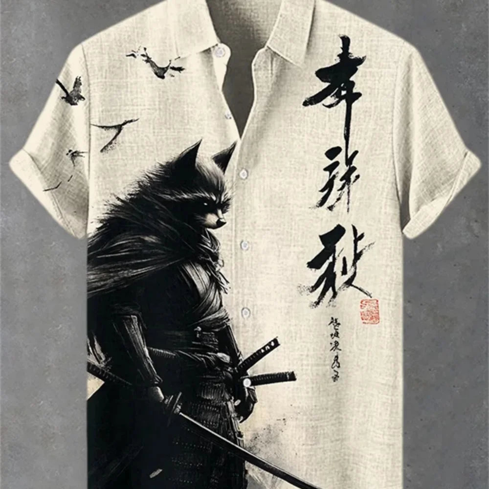 Men's Japanese Retro Art Samurai Cat Printed Linen Shirt Short Sleeve Button up Classic Lapel Design Street Casual Social Top