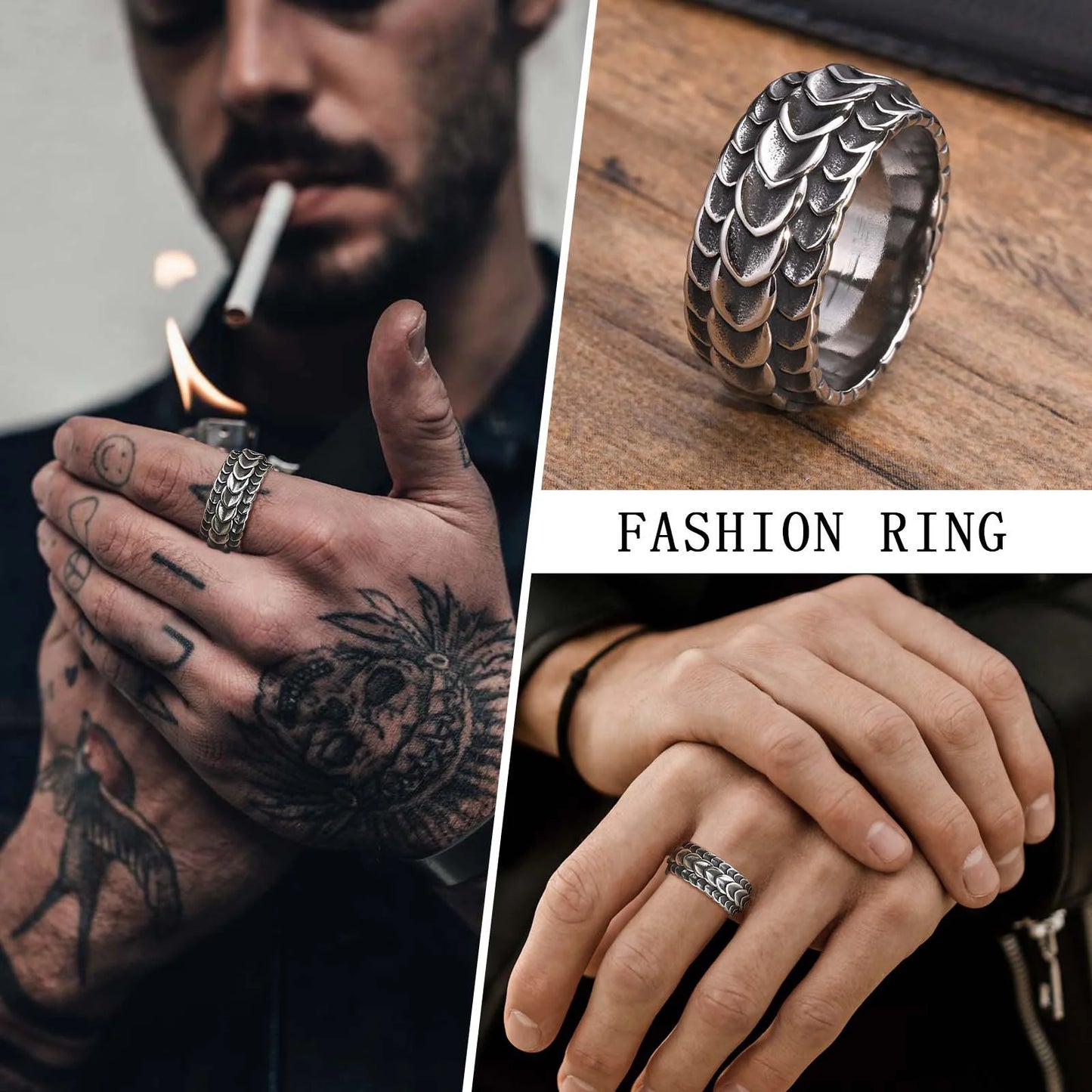 Vintage Dragon Scale Ring for Men Boys,Stainless Steel Norse Viking Dragon Spine Ring,Retro Punk Jewelry Gifts