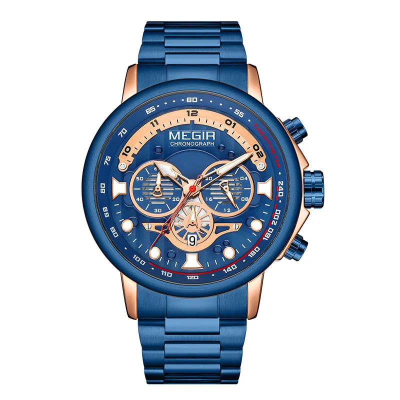 MEGIR Men's Watch Fashion Waterproof Chronograph Quartz Wristwatch with Auto Date Stainless Steel Strap Luminous Hands 24-hour
