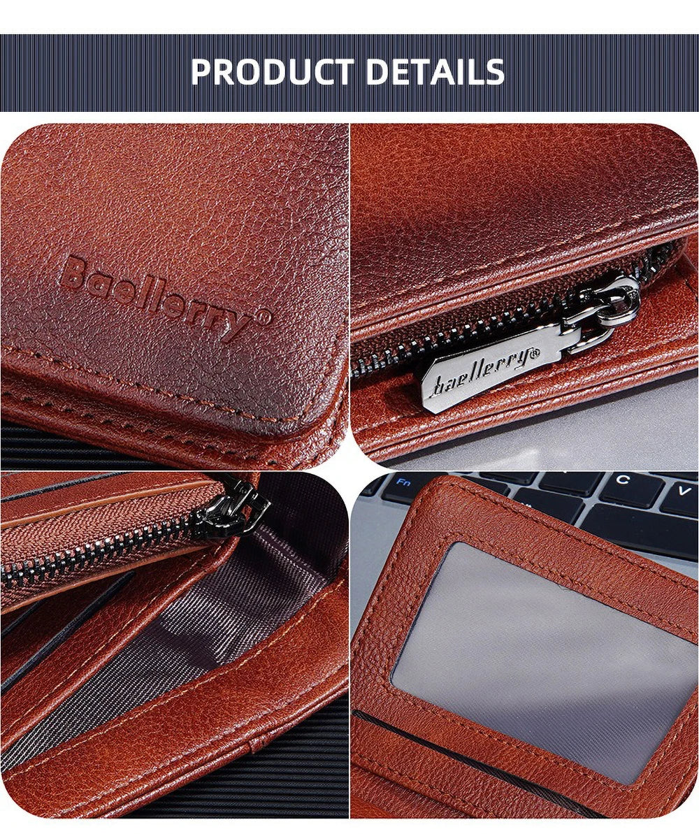 Vintage Leather Wallet for Men Baellerry RFiD Blocking Short Bifold Wallet with Zipper Closure and Coin Pocket Small Mens Purse
