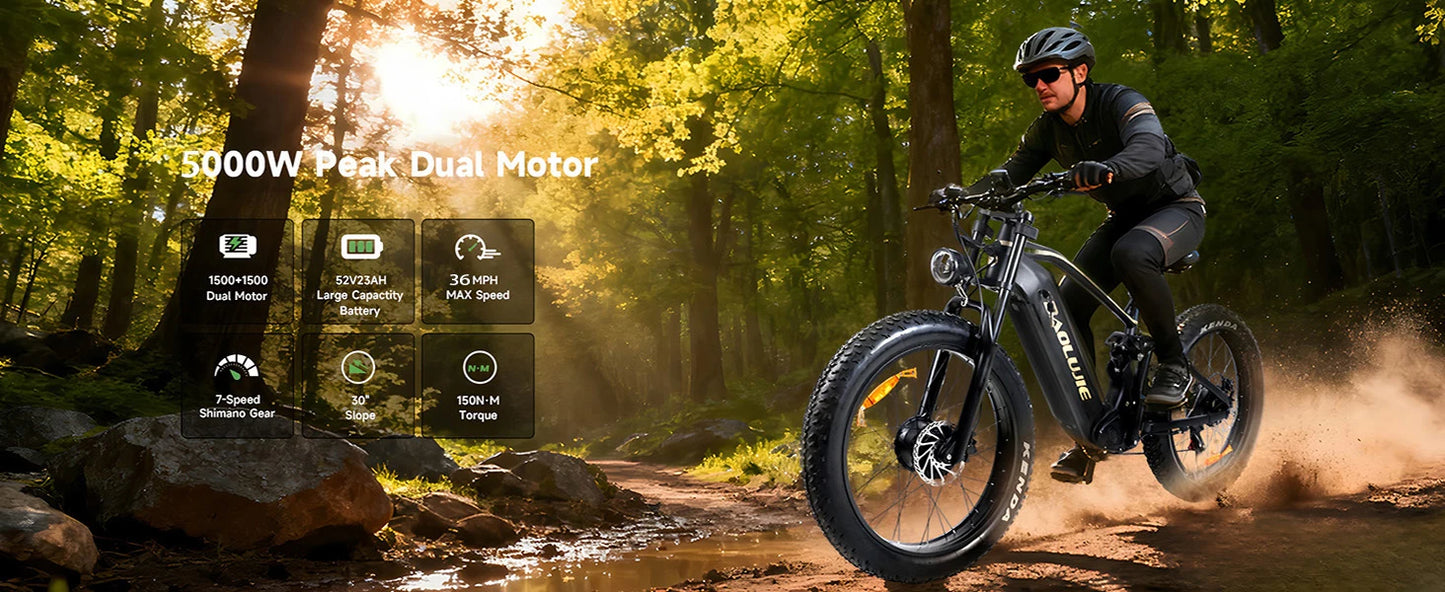 BAOLUJIE P2 Adults Electric Bike 5000W Peak Dual Motors  52V23AH Battery Up to 36 mph Electric Bicycle Dual Shock Absorber Ebike
