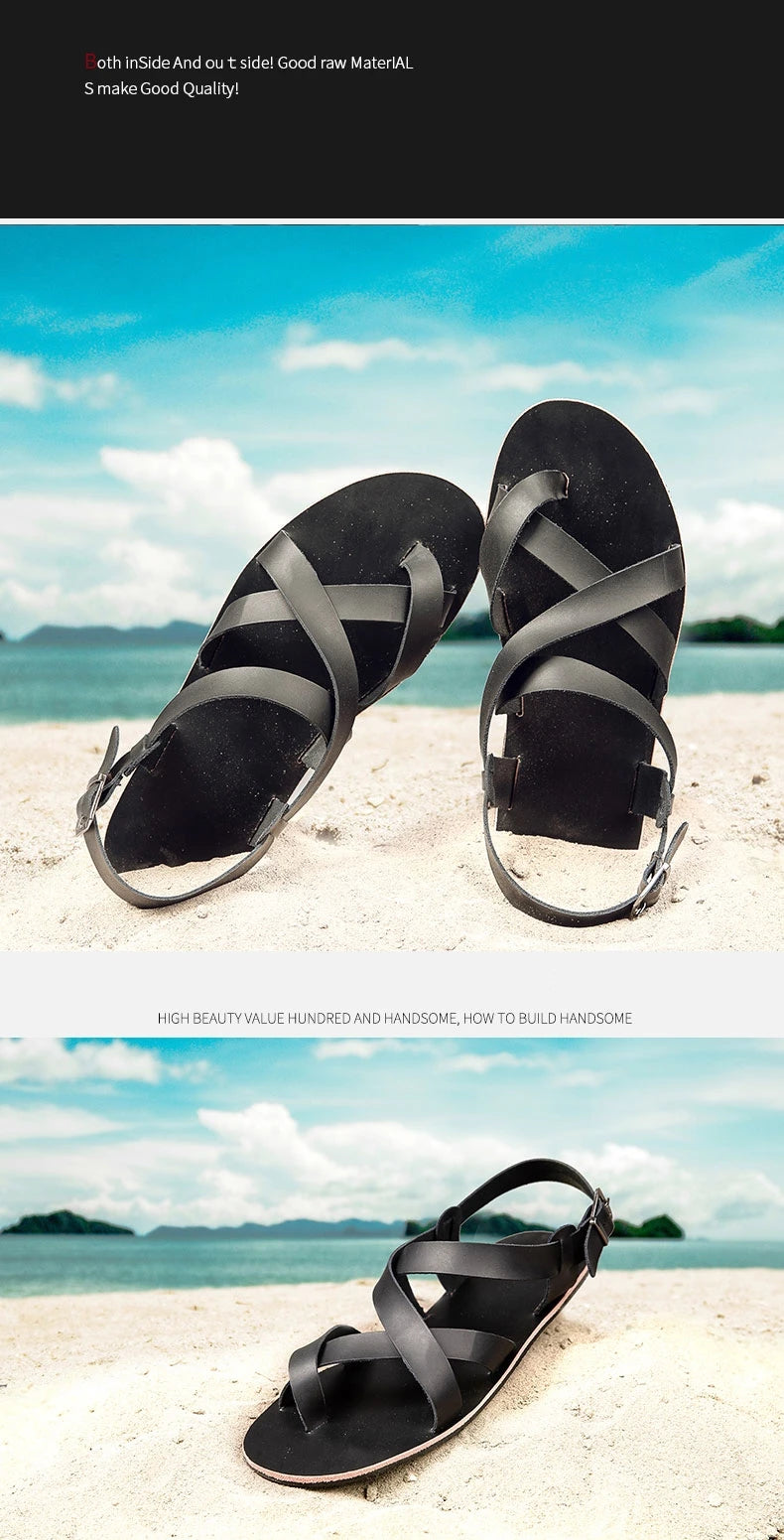 New Summer Sandals Men Open Toe Genuine Leather Sandals Hollow-out Retro Handmade Comfortable Breathable Outdoor Beach Shoes