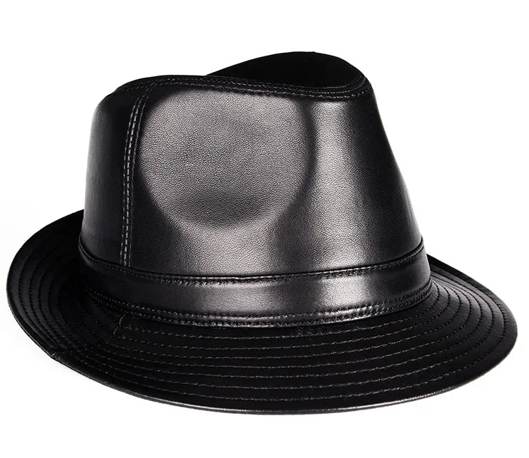 Real Leather Quality Genuine  Jazz Fedora Gentleman  SheepSkin Short Brim Black/Brown Hip Pop Fitted Top Hat Male Shows