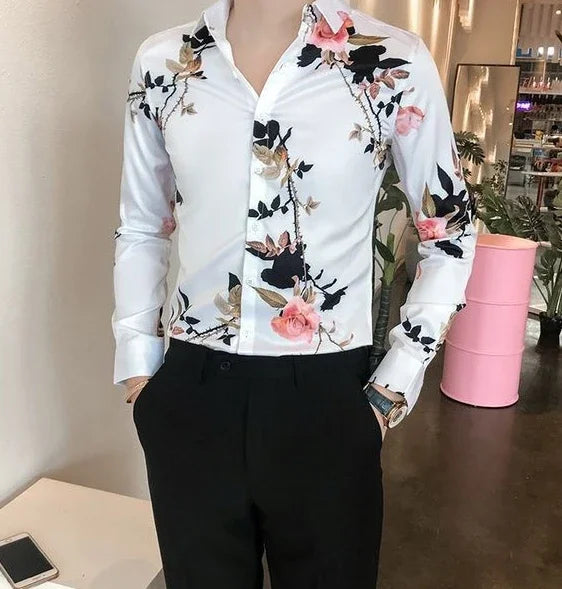 Shirts For Men White With Print Man Shirt Long Sleeve Printed New In Collar Asia S Korean Popular Clothes Trend Original Tops