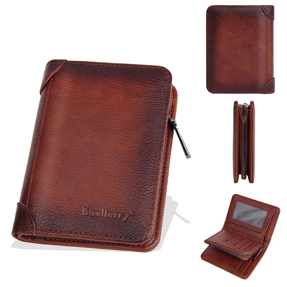 Vintage Leather Wallet for Men Baellerry RFiD Blocking Short Bifold Wallet with Zipper Closure and Coin Pocket Small Mens Purse