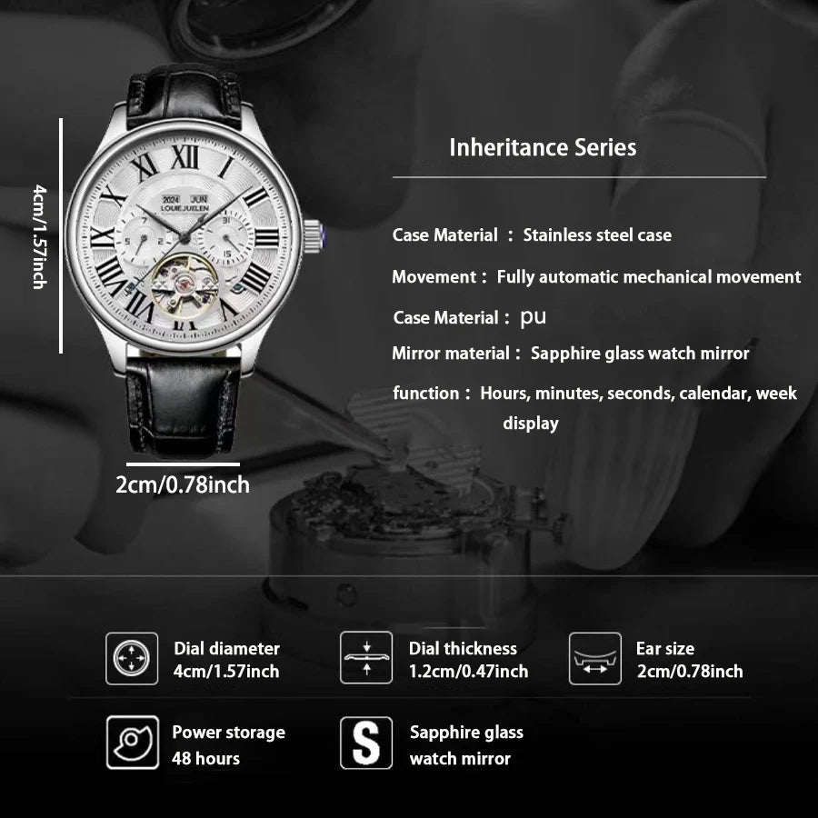 (Full Automatic Mechanical Watch) Men's Multifunctional Watch, Cut Out Perspective Small Plate, Roman Numeral Scale Dial, No Battery Required