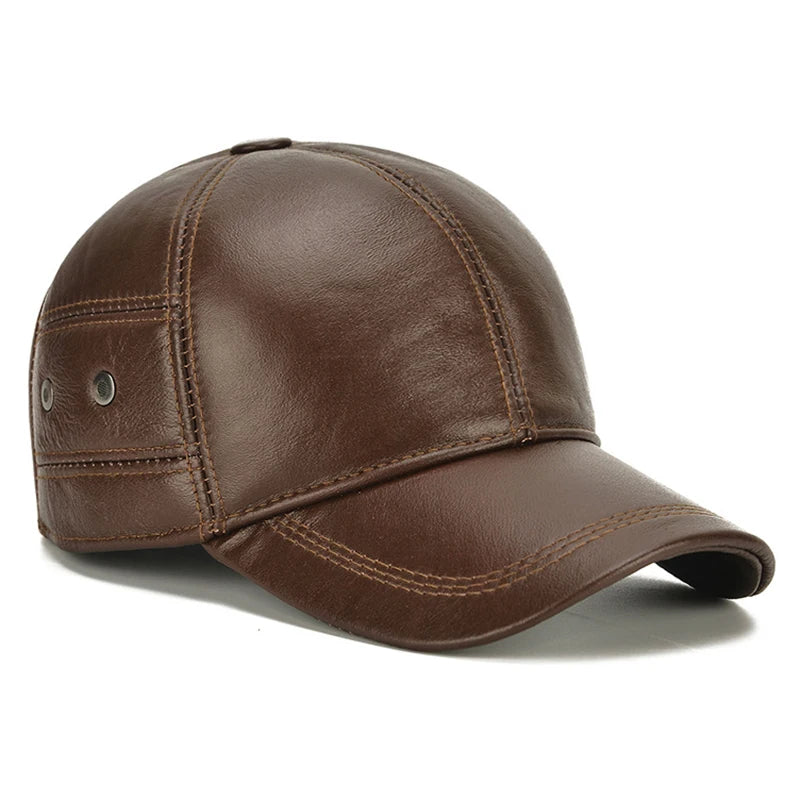 2025 New Style Men Cowhide Hat Winter Warm Outdoor Protect Ear Real Leather Adjustable Baseball Cap Men Real Cowhide Leather Cap