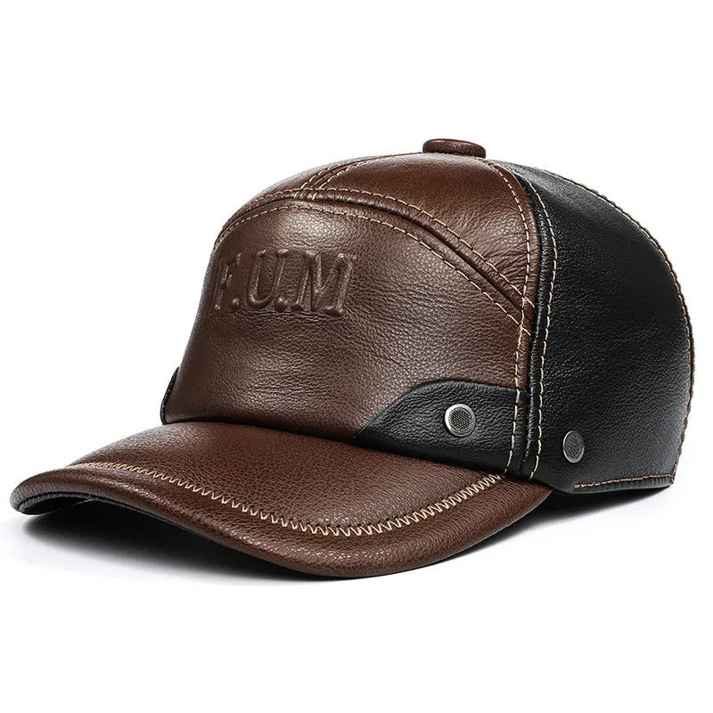 New Autumn Winter Men's Genuine Leather Cap Natural Cowhide Baseball Caps Thickened Warm Coldproof Ear Protection Earmuffs Hats