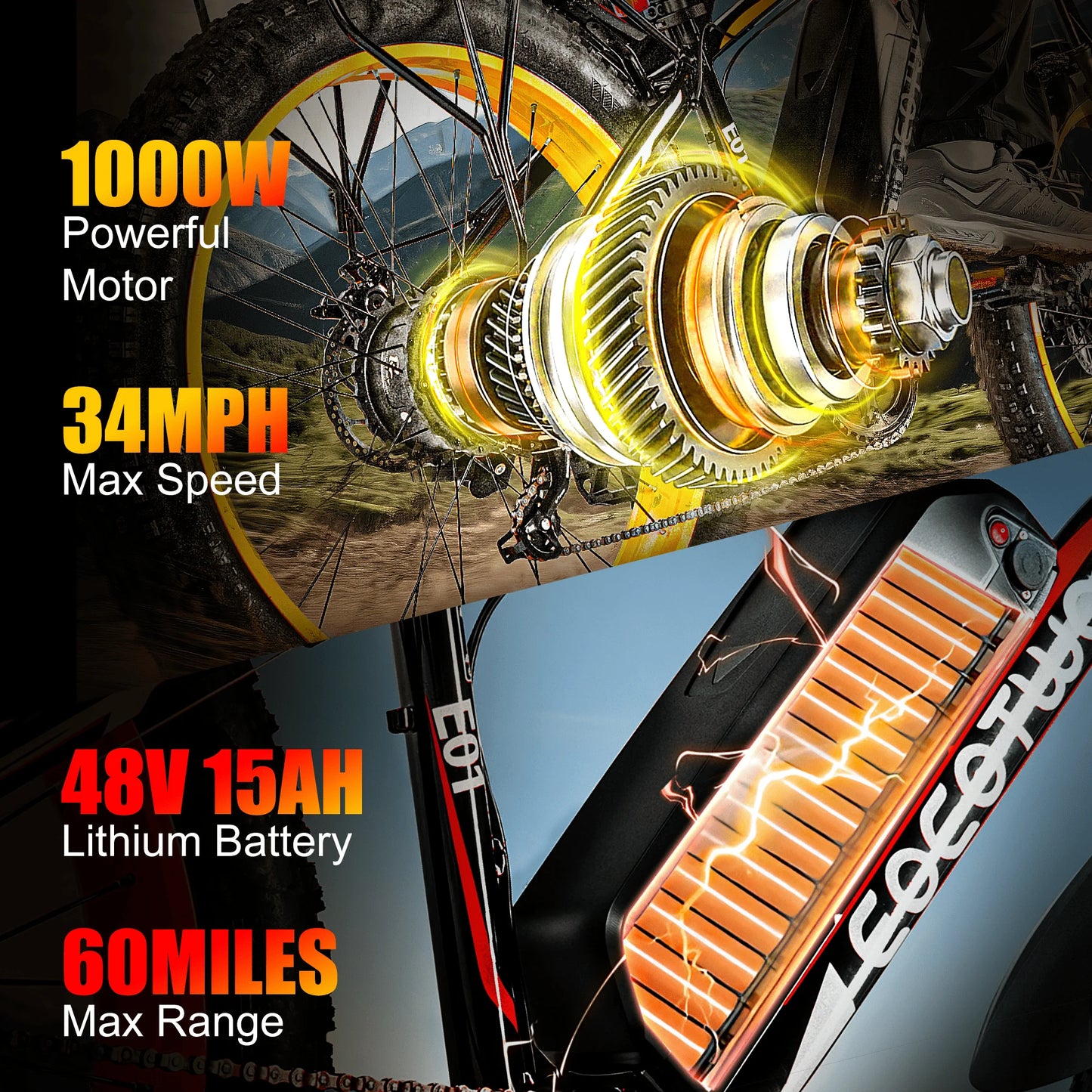 Electric Bikes 34mph 1500W Peak Motor 48V15AH Battery Mountain E Bike Adults 26*4.0 Fat Tire Electric Dirt Bike Electric Bicycle