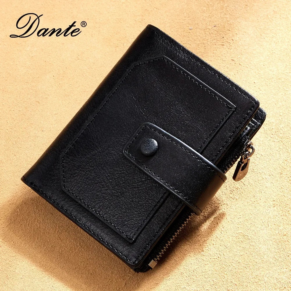 Vintage 100% Genuine Leather Men's Wallet RFID Blocking Trifold Short Multi Function Money Clip Large Capacity Zipper Coin Purse